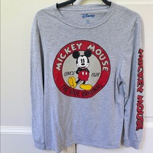 Disney Gray Long Sleeve Mickey Mouse Tee with Red Sleeve Print - Men’s Small